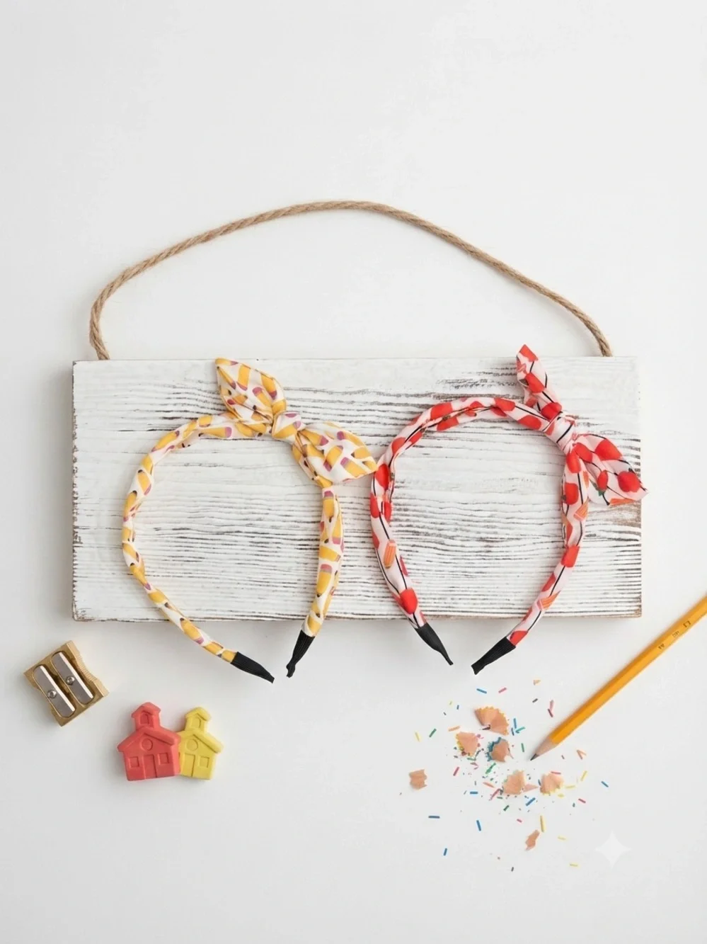 Back to School Bow Headband for Girls, Apple and Pencil Print Knot Hair Accessor